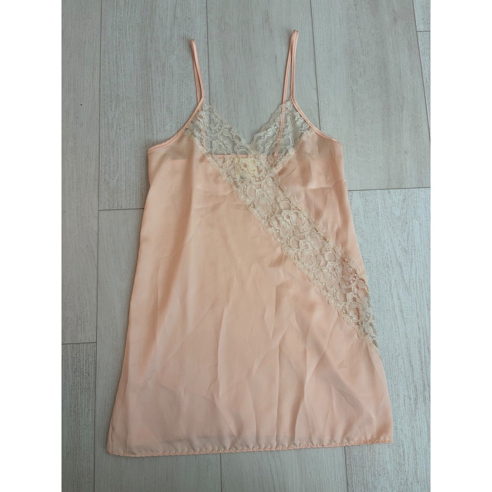 Vintage Anne Rothschild for Caress Lingerie Satin & Lace Nightgown Sz S Peach